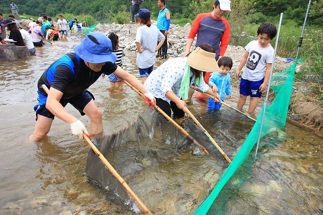 지난해 열린 축제에서  전통대나무로 피래미를 잡고있다[울진군 제공]