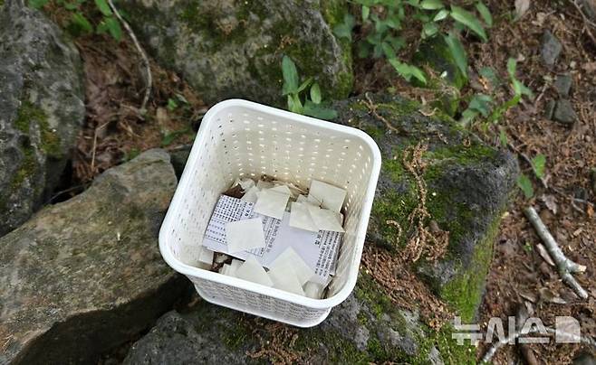 [제주=뉴시스] 한라산국립공원 정상 출입용 손목 밴드인 '띠지'를 부착하고 나서 버린 스티커 조각을 모으기 위해 국립공원 관계자가 마련한 쓰레기통이다. (사진=독자 제공) 2025.06.02. photo@newsis.com