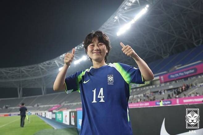 [용인=뉴시스]여자축구 A매치 데뷔전 데뷔골 정민영. (사진=대한축구협회 제공)