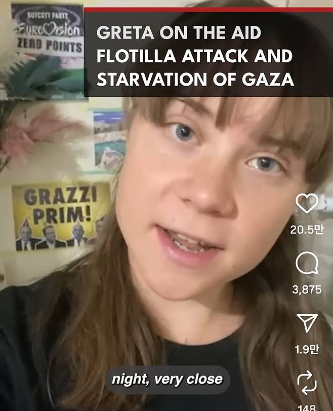 가자지구에 대한 지원 호소하는 툰베리 [그레타 툰베리 SNS 캡처]