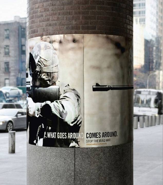 2009년 1월 버락 오바마 미국 대통령의 취임에 맞춰 뉴욕·워싱턴 거리에 붙은 반전 포스터. 이라크 전쟁에 반대하는 메시지를 담아 제작했다. 사진 제공=이제석광고연구소