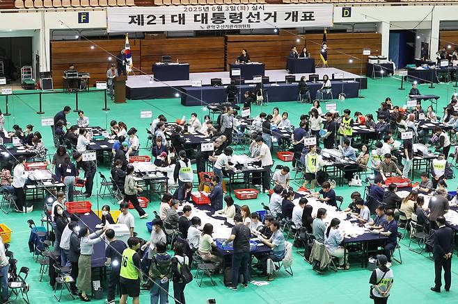 제21대 대통령 선거 투표일인 3일 오후 서울 관악구 서울대학교 체육관에 마련된 개표소에서 선거사무원들이 개표 작업을 실시하고 있다. /뉴스1