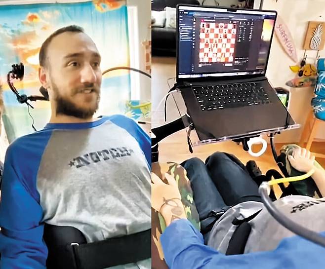 지난해 1월 다이빙 사고로 어깨 아래 신체가 모두 마비된 놀런드 아르보(30)가 뉴럴링크의 BCI 칩을 이식받은 뒤 생각만으로 컴퓨터 체스 게임을 하는 모습./뉴럴링크