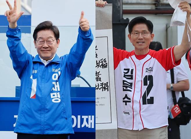 이재명 더불어민주당(왼쪽) 대통령 후보와 김문수 국민의힘 대통령 후보가 25일 각각 충남 천안시 신부문화거리와 서산시 중앙통 로데오거리에서 유세를 펼치고 있다. 2025.5.25/뉴스1 ⓒ News1 안은나 기자, 김민지 기자 /사진=뉴스1