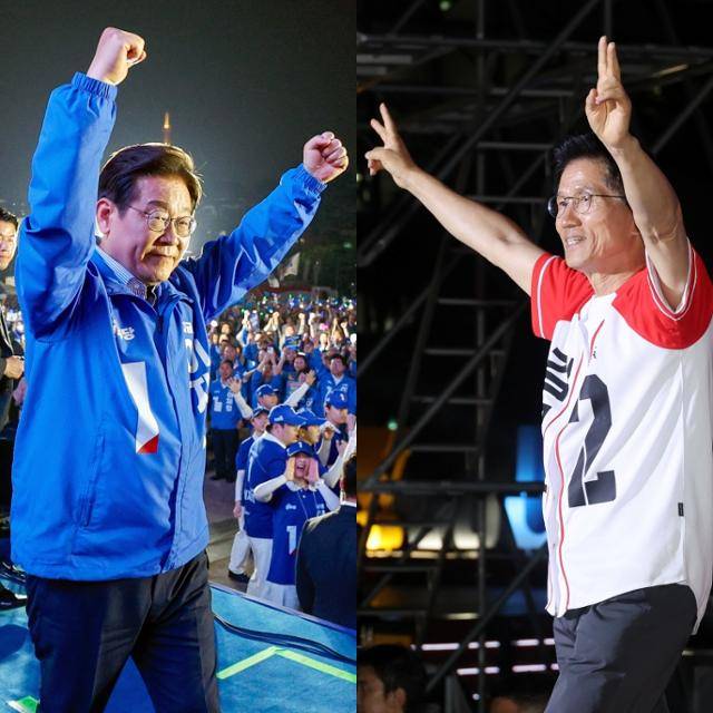 이재명(왼쪽) 더불어민주당 대선 후보와 김문수(오른쪽) 국민의힘 대선 후보가 2일 서울 영등포구 여의도공원과 중구 시청 앞 광장에서 각각 마지막 유세를 하고 있다. 뉴스1