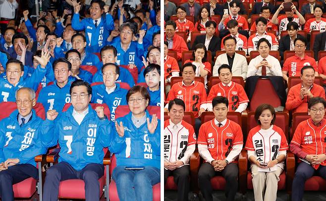 Members of the liberal Democratic Party, left, celebrate at the National Assembly in Yeouido, western Seoul, as the results of the joint exit poll by broadcasters KBS, MBC and SBS are released on June 3. Members of the conservative People Power Party, right, watch the same results while seated silently at the legislature. [NEWS1]