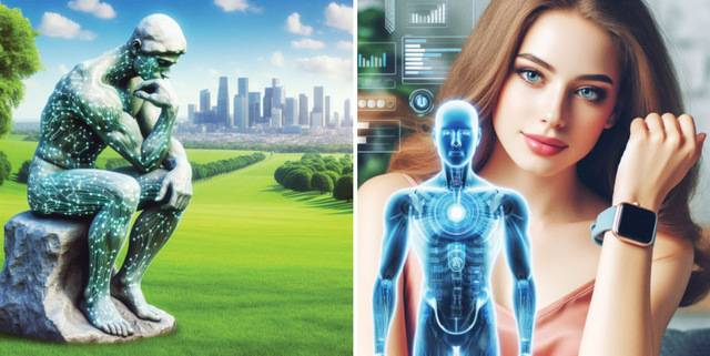 인공지능(AI)은 이제 현장에서 스스로 경험하며 스스로 새로운 데이터를 창조하는 ‘경험의 시대’에 진입했다. 사진은 스스로 생각하는 경험형 AI를 형상화한 이미지. 오른쪽은 스마트워치를 통해 주인의 건강을 관리하는 경험형 AI 비서. 필자가 코파일럿으로 생성