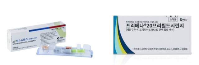한국MSD의 ‘박스뉴반스’(왼쪽)와 한국화이자제약의 ‘프리베나20’. 사진 제공=각 사