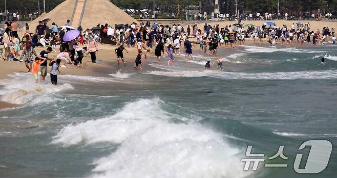 제21대 대통령 선거일이자 초여름 날씨를 보인 3일 오후 부산 해운대해수욕장을 찾은 시민, 관광객 등이 물놀이를 즐기며 더위를 식히고 있다. 2025.6.3/뉴스1 ⓒ News1 윤일지 기자