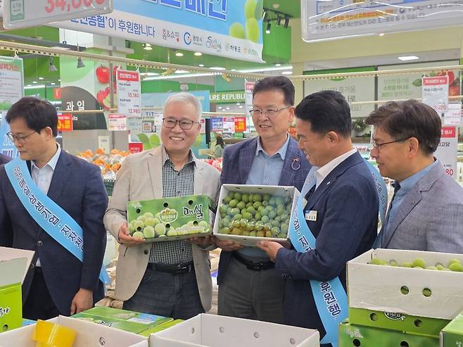 최남휴 순천농협 조합장(왼쪽 4번째)과 김성진 순천시 농업기술센터 친환경농업과장(2번째) 등 주요 관계자들이 4일 농협하나로마트 양재점에서 국산 매실을 홍보하고 있다. 농협경제지주 제공