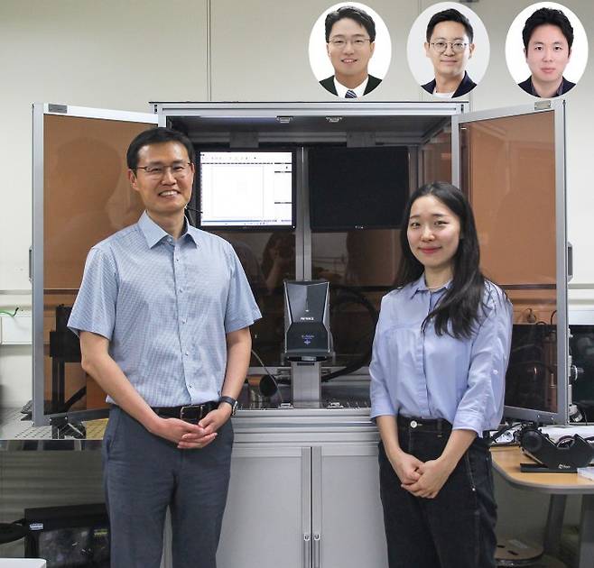 (왼쪽부터) 전자잉크 개발 연구에 참여한 정재웅 KAIST 교수, 이시목 KAIST 박사과정생, (오른쪽 위 왼쪽부터) 이건희 부산대 교수, 박성준 서울대 교수, 스티브 박 KAIST 교수. KAIST 제공