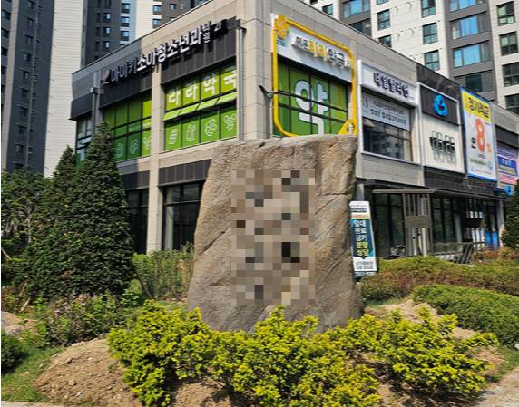 서울 동대문구 이문동의 '래미안 라그란데' 아파트 1,2단지 사이 에 위치한 상가 앞에 설치된 조경석 2025.05.27 [사진=이효정 기자 ]