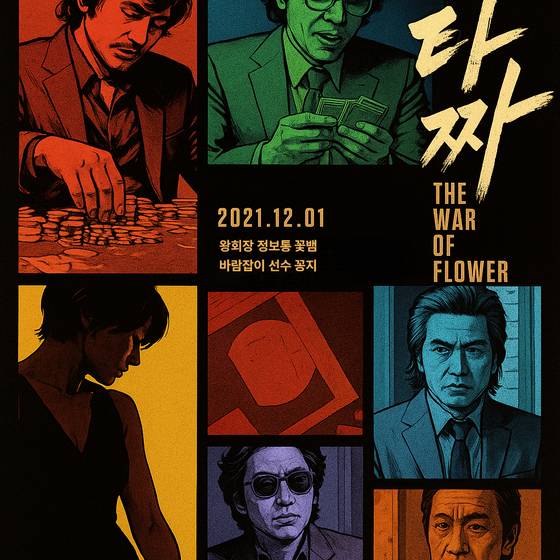 영화 '타짜' 포스터 패러디. 현실의 사기도박에도 꽃뱀과 바람잡이 등이 등장해 역할을 나눈다. 챗GPT로 생성한 이미지 수정. 이경희 기자.