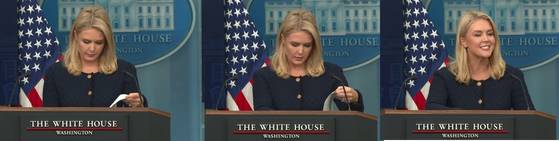 캐롤라인 레빗 미국 백악관 대변인이 3일(현지시간) 워싱턴 DC 백악관에서 열린 언론 브리핑에서 '이재명 대통령 당선에 대한 입장'을 묻는 질문에 준비해온 서류철을 뒤적이고 있다. 레빗 대변인은 결국 공식 입장을 담은 대목을 찾지 못했고 ″지금 없다. 곧 알려주겠다″고 했다. 백악관 유튜브 캡처