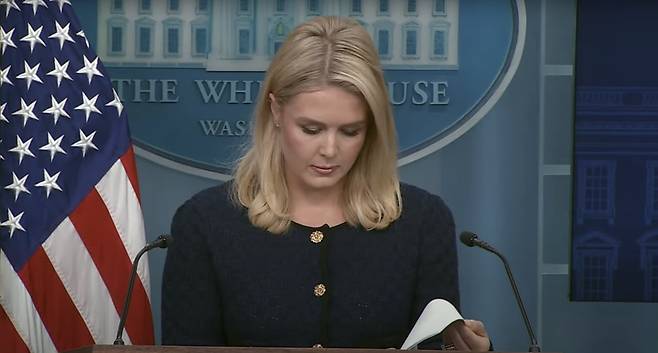 캐럴라인 레빗 백악관 대변인이 3일(현지시간) 기자회견에서 한국 관련 내용을 서류철에서 찾고 있다. /백악관 유튜브 캡처