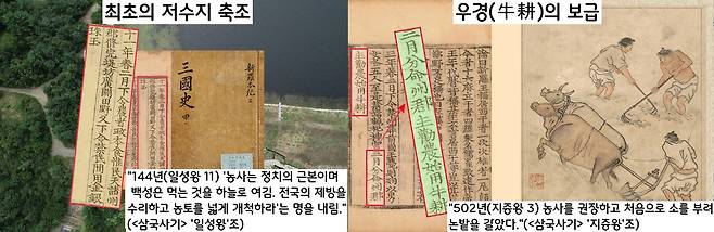 144년 2월 일성왕은 “농사는 정치의 근본이며, 백성은 먹는 것을 하늘로 여긴다”면서 “전국에 제방을 수리·완성하고 농토를 개척하라”는 명을 내린다. 최초의 저수지 축조 기사다.또 502년(지증왕 3) “전국에 농사를 권장하고 소를 부려 논밭을 갈도록 했다”고 기록했다. 우경(牛耕)의 전국적인 확대를 일컫는다.