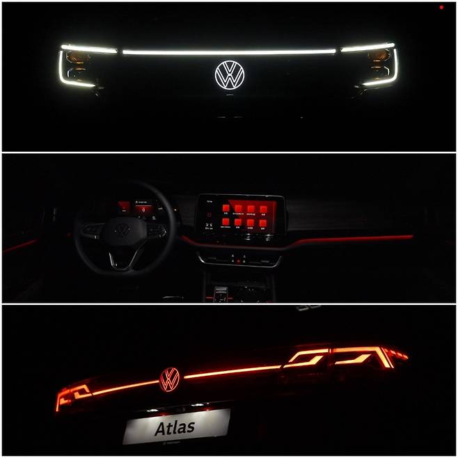 야간에 폭스바겐 ‘더 뉴 아틀라스’의 실내외 라이트를 활성화시킨 모습. [폭스바겐코리아 제공]