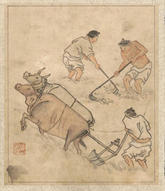 김홍도, ‘논갈이’, 단원 풍속도첩, 종이에 연한 색, 27.8×23.8cm, 국립중앙박물관