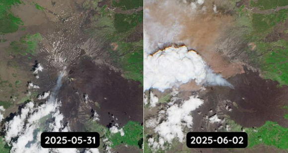 지난 2일(현지시간) 유럽에서 가장 활발한 화산인 에트나 화산이 대규모 분화했다. 코페르니쿠스 센티넬-2C 위성이 우주에서 촬영한 화산 폭발 전후 사진. 유럽우주국 제공