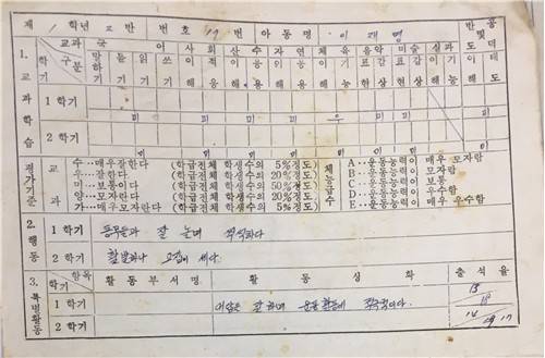 이재명 대통령 선거 후보 초등학교 1학년 생활기록부 [더불어민주당 제공. 재판매 및 DB 금지]