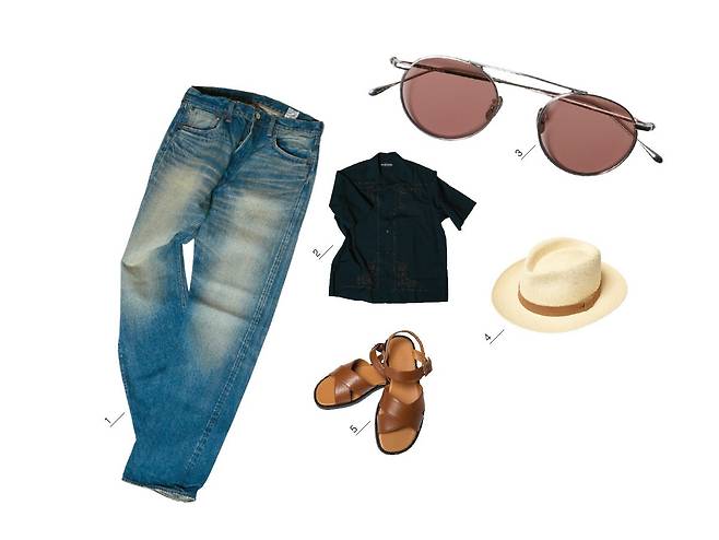 1 데님 팬츠 오어슬로우 제품.2 헤링본 소재 셔츠 오베르쥬 제품.3 라운드 셰이프 틴트 선글라스 사이 제품.4 페도라 락앤코 해터스 제품.5 스트랩 샌들 제이엠 웨스통 제품.