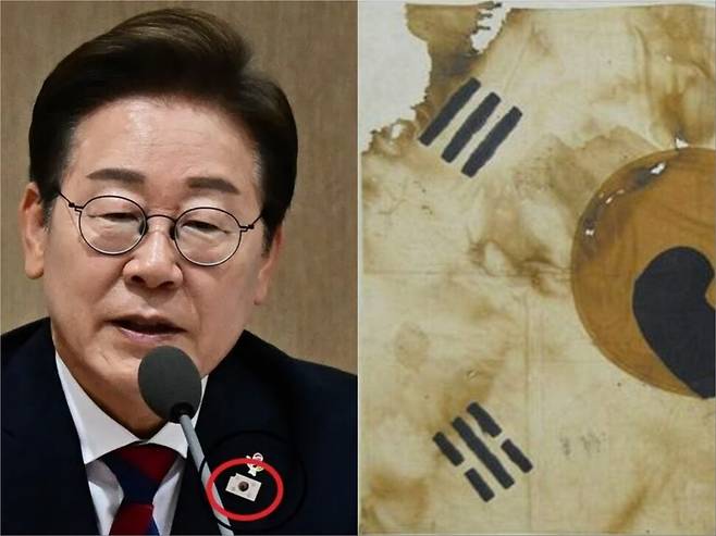 (왼쪽) 이재명 대통령이 5일 서울 용산 대통령실청사에서 취임 후 열린 첫 국무회의에서 발언하고 있다. (오른쪽) 서울 은평구 진관사 경내에서 발견된 일제강점기 태극기. 대통령실사진기자단, 은평역사한옥박물관 제공