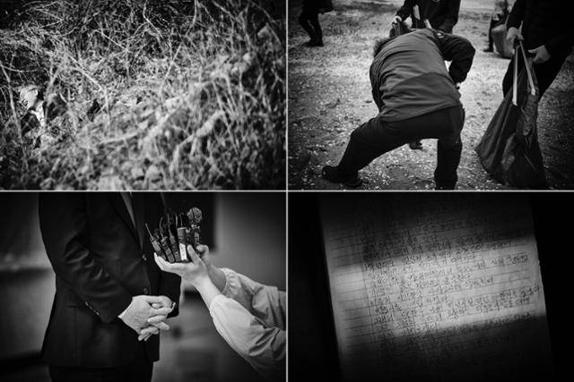강영호 작가의 ‘지금은 이재명’에 실린 사진들이다. 잘 알려지지 않은 이 대통령의 표정, 해안가 쓰레기 수거 봉사를 하는 ‘일꾼’의 모습, 기자들 앞에서 모은 두 손, 일기장 등이 있다. 강영호 사진작가 제공