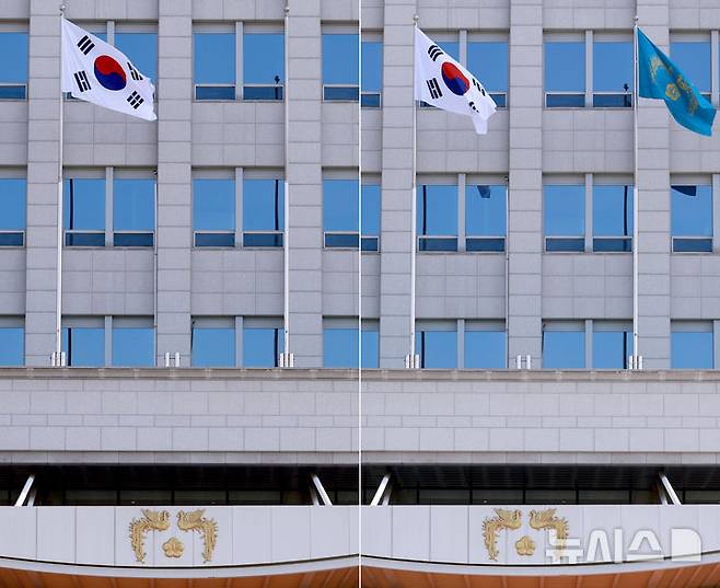 [서울=뉴시스] 최진석 기자 = 사진은 제21대 이재명 대통령 임기가 시작된 지난 4일 서울 용산 대통령실 청사에 봉황기가 게양돼 있는 모습. 왼쪽은 4일 봉황기 게양 전의 모습. (대통령실통신사진기자단) 2025.06.04. myjs@newsis.com
