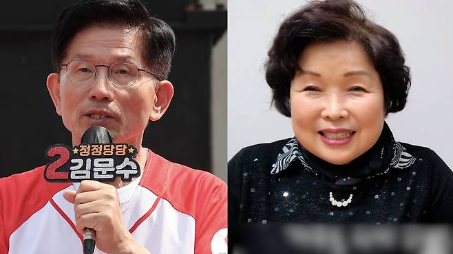 김문수 전 대선 후보는 손효숙 리박스쿨 대표(오른쪽)가 댓글팀을 운영하는지 전혀 모른다고 답했다.