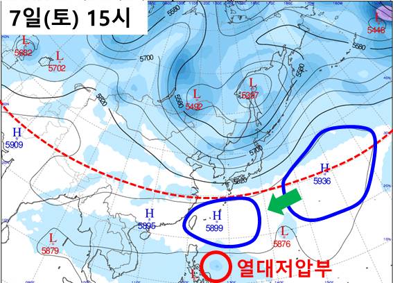 열대저압부 발달 (6월 7일 예측) [기상청 제공]
