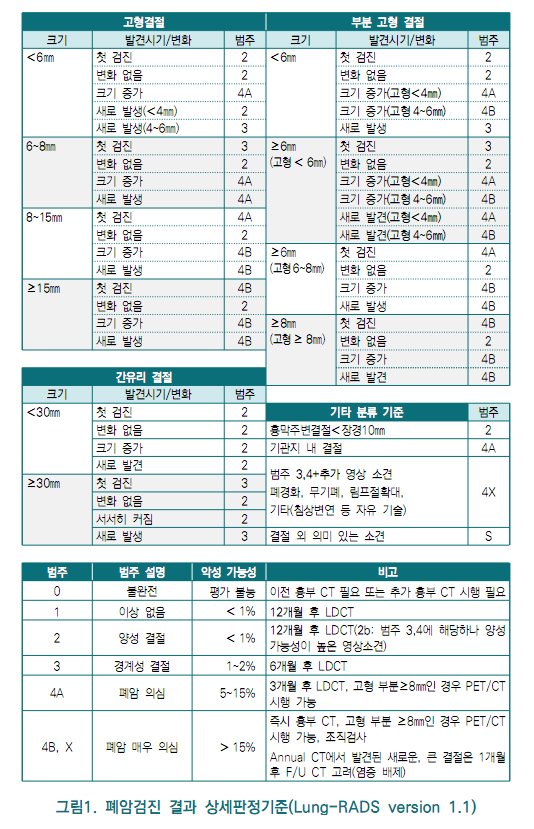 폐암 검진 결과 상세판정기준(Lung-RADS). 국립암센터 저선량 흉부 CT 검사 결과 판정 및 사후관리 책자 일부 발췌