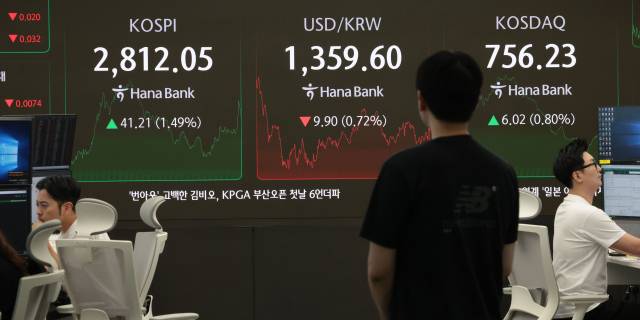 ▲5일 서울 중구 하나은행 딜링룸 현황판에 코스피 지수 등이 표시되고 있다. 이날 코스피 지수는 전 거래일 대비 41.21포인트 오른 2,812.05에, 코스닥은 6.02포인트(0.80%) 오른 756.23에 장을 마감했다. ⓒ연합뉴스