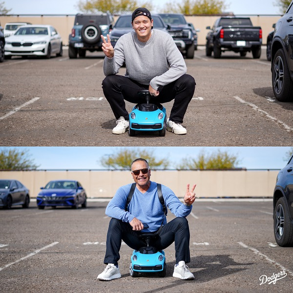 오타니가 지난 2월 로버츠 감독에게 선물한 미니 포르쉐. 다저스 SNS
