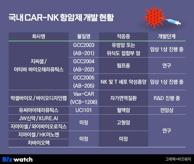 국내 CAR-NK 항암제 연구개발 현황. /그래픽=비즈워치