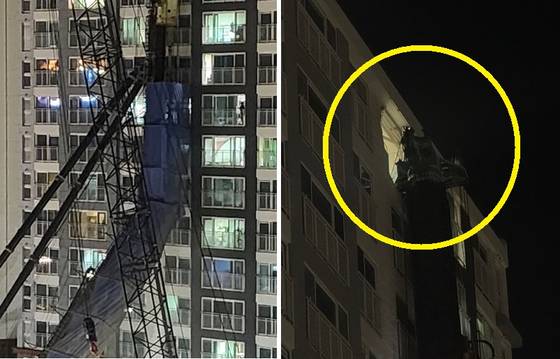 5일 경기 용인시 기흥구 서천동 인덕원~동탄 복선전철 공사 현장에서 중장비인 항타기가 아파트 쪽으로 넘어지는 사고가 발생했다..〈사진=시청자 제공·JTBC〉