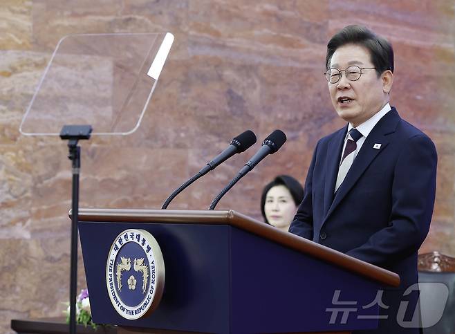 이재명 대통령이 4일 오전 국회 본청 로텐더홀에서 열린 제21대 대통령 취임 선서 행사에서 취임사를 하고 있다. 2025.6.4/뉴스1 ⓒ News1 국회사진기자단