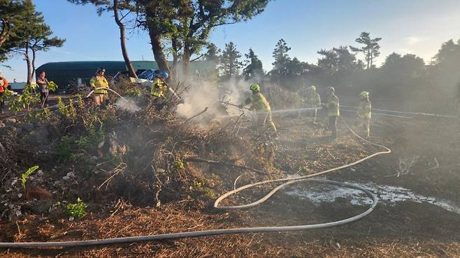 지난 5일 제주 조천읍 한 과수원에서 발생한 화재. 신고받고 출동한 소방당국이 잔불을 정리하던 모습./사진=제주소방안전본부 제공