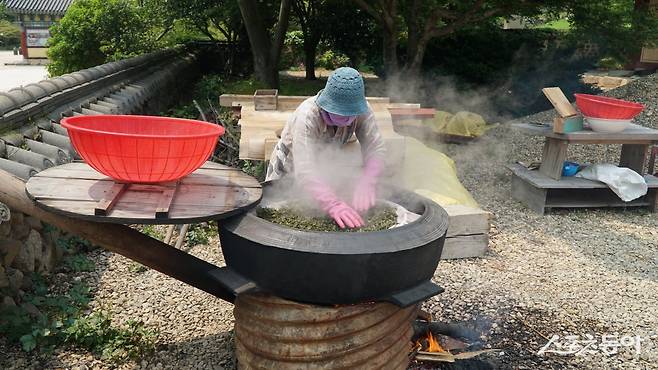 장흥 보림사에서&nbsp;절 인근 야생차밭에서 딴 찻잎을 가마솥에서 덖고 있다.  장흥은 삼국시대부터 시작한 한국 발효차의 효시, 청태전의 대표산지다          장흥｜김재범 기자 oldfield@donga.com