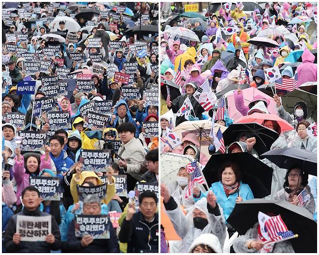 헌법재판소의 윤석열 전 대통령 파면 후 첫 주말인 지난 4월 5일 서울 광화문 일대에 열린 찬반 집회 /뉴스1