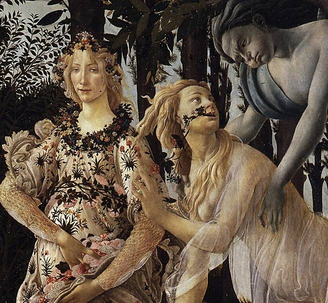 작품 일부분. 왼쪽은 꽃과 봄의 여신 플로라, 가운데는 님프 클로리스, 오른쪽은 바람의 신 제피로스다.