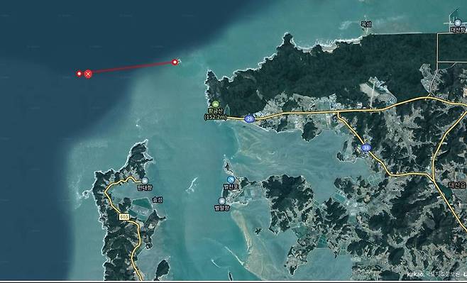 [서산=뉴시스] 6일 오전 레저보트가 전복된 충남 서산시 대산읍 가인서 서쪽 3.2㎞ 인근 사고 지점. (사진=다음 지도 캡처본) 2025.06.06. photo@newsis.com *재판매 및 DB 금지