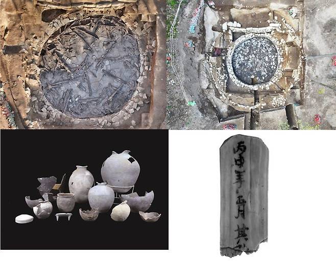 익산 미륵산성 발굴 조사에서 출토된 석축저수조, 목재 노출 상태, 토기류, 목간(사진=익산시 제공) *재판매 및 DB 금지