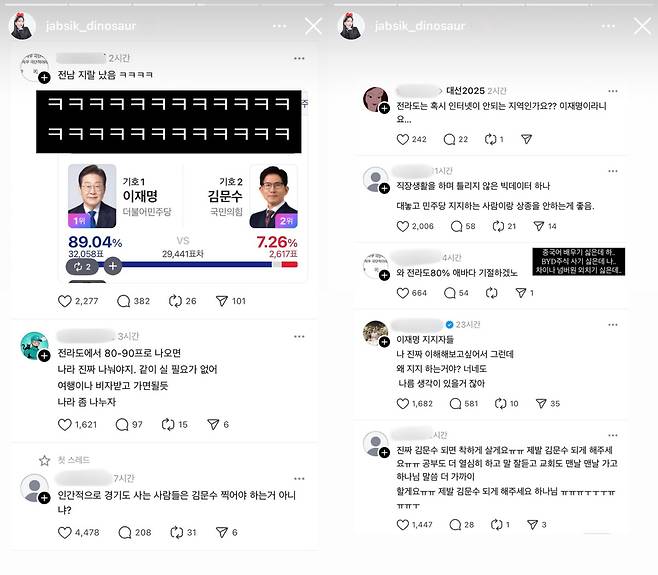 잡식공룡이 지역 비하 발언을 했다. 인스타그램 캡처.