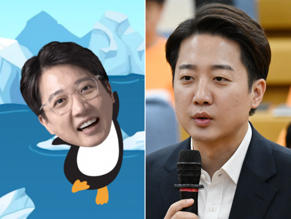 이준석(오른쪽) 개혁신당 대선 후보가 3일 국회 의원회관에 마련된 당 개표상황실에서 방송 3사 출구조사 발표 관련 소감을 밝히고 있다. 왼쪽 사진은 이 후보 대선 후원 플랫폼 ‘펭귄밥주기’에서 펭귄 캐릭터화한 이 후보. ‘펭귄밥주기’ 홈페이지 캡처·서울신문DB