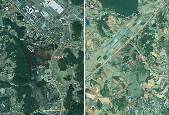 광주광산구 삼거동 최적후보지 항공사진.<사진 왼쪽>과 광주 광산구 동산동 대안입지 항공사진./광주시 제공