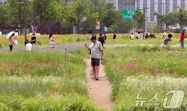 초여름 날씨를 보인 7일 서울 종로구 열린송현공원에서 시민들이 꽃밭을 걸으며 나들이를 하고 있다. 기상청은 당분간 전국 대부분 지역의 낮 기온이 25도 이상으로 오르고, 특히 내륙은 30도 이상으로 오른다고 예보했다. 2025.6.7/뉴스1 ⓒ News1 김명섭 기자