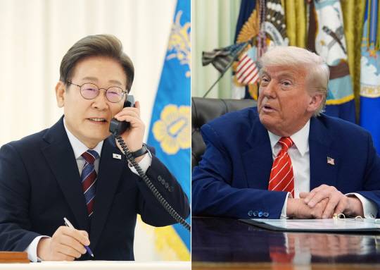 이재명 대통령이 지난 6월6일 서울 한남동 관저에서 도널드 트럼프 미국 대통령과 전화 통화를 하기 위해 수화기를 들고 있다(왼쪽). 오른쪽은 트럼프 대통령이 지난 5월30일 미 워싱턴 백악관 오벌오피스에서 열린 일론 머스크 정부효율부 수장의 고별 기자회견에서 발언하는 모습.<연합뉴스 사진 갈무리>