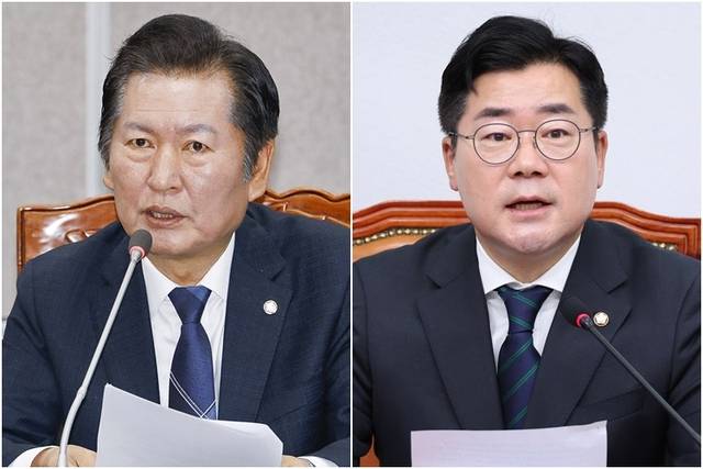 7월 예상되는 더불어민주당 당대표 선거 출마가 예상되는 4선 정청래(왼쪽) 의원과 3선 박찬대 원내대표. 연합뉴스