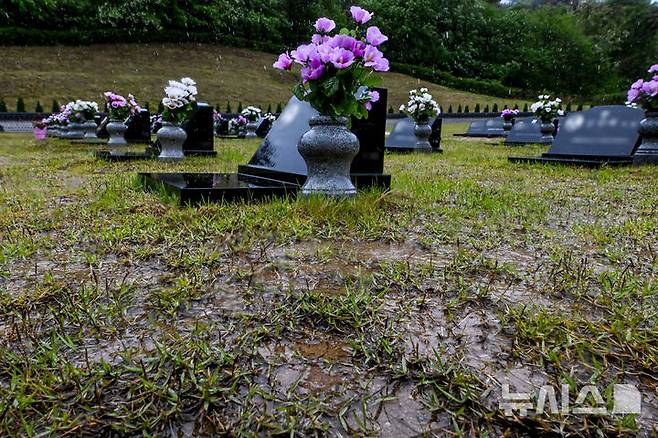 [광주=뉴시스] 이영주 기자 = 9일 오전 광주 북구 운정동 국립5·18민주묘지 2묘역에 강수로 인한 물웅덩이가 만들어져 있다. 2025.05.09. leeyj2578@newsis.com