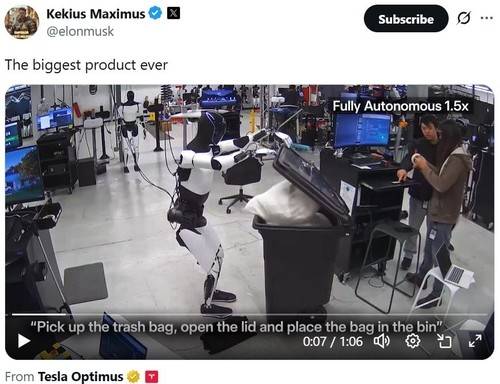 일론 머스크가 엑스에 올린 테슬라 옵티머스 로봇 영상 [엑스(X) 게시물 캡처. 재판매 및 DB 금지]